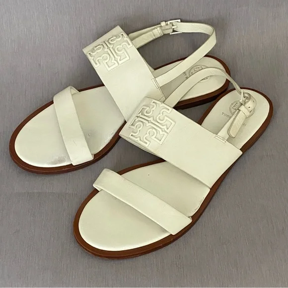 Tory Burch Flat White Slingback Sandals 8 M Big Logo Open Toe Leather - Picture 8 of 10
